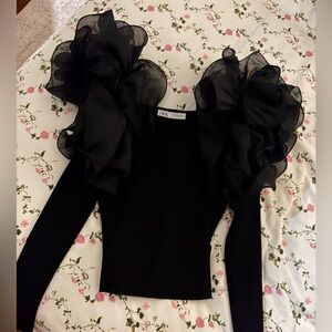 Zara Black Ruffle Organza Sleeve Top